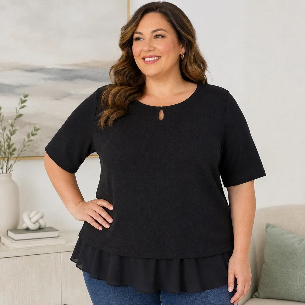 Jules & Leopold Womens 3X Black 3/4 Sleeve Ruffle Hem Blouse Top ST52360
